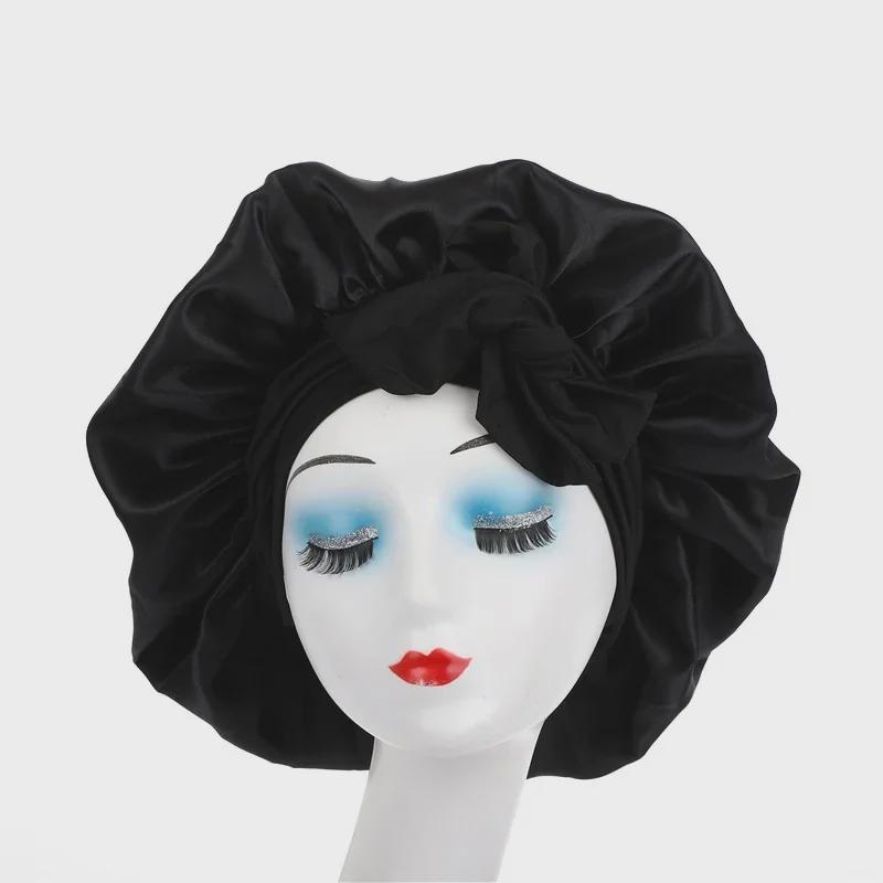 High Elastic Satin Nightcap with Wide Brim & Bow for Salon Hair Care