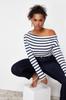 Women's Plus Size Blouse Navy Blue Striped Premium Soft Fabric Fitted Boat Madonna Neck Stretchy Knitted Blouse