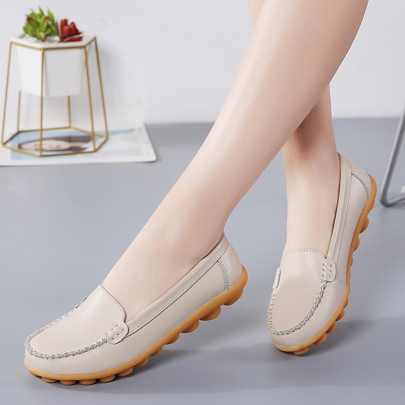 Shoes for Women Spring Large Size Genuine Leather Women's Shoes Round Toe Flat Casual Shoes for Women Non-slip Pregnant Women Bean Shoes for Women