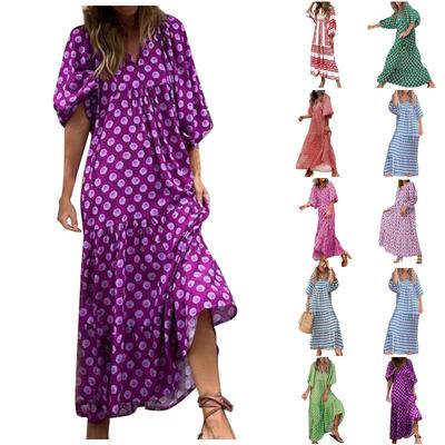 Женское богемное длинное платье с цветочным принтом, свободное модное летнее пляжное платье с v-образным вырезом