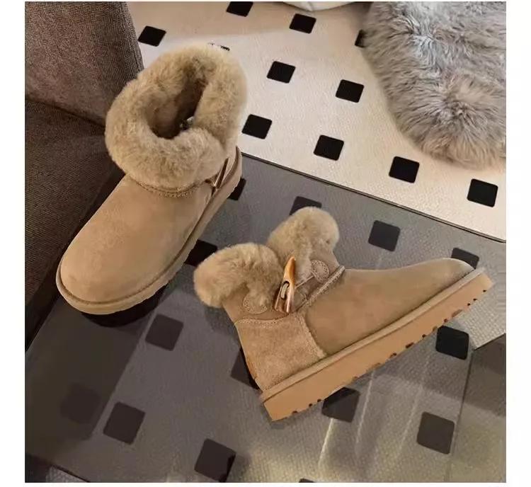 Мода 2024 года, новые модные теплые женские зимние сапоги, модные зимние сапоги из коровьей замши, толстые плюшевые ботильоны
