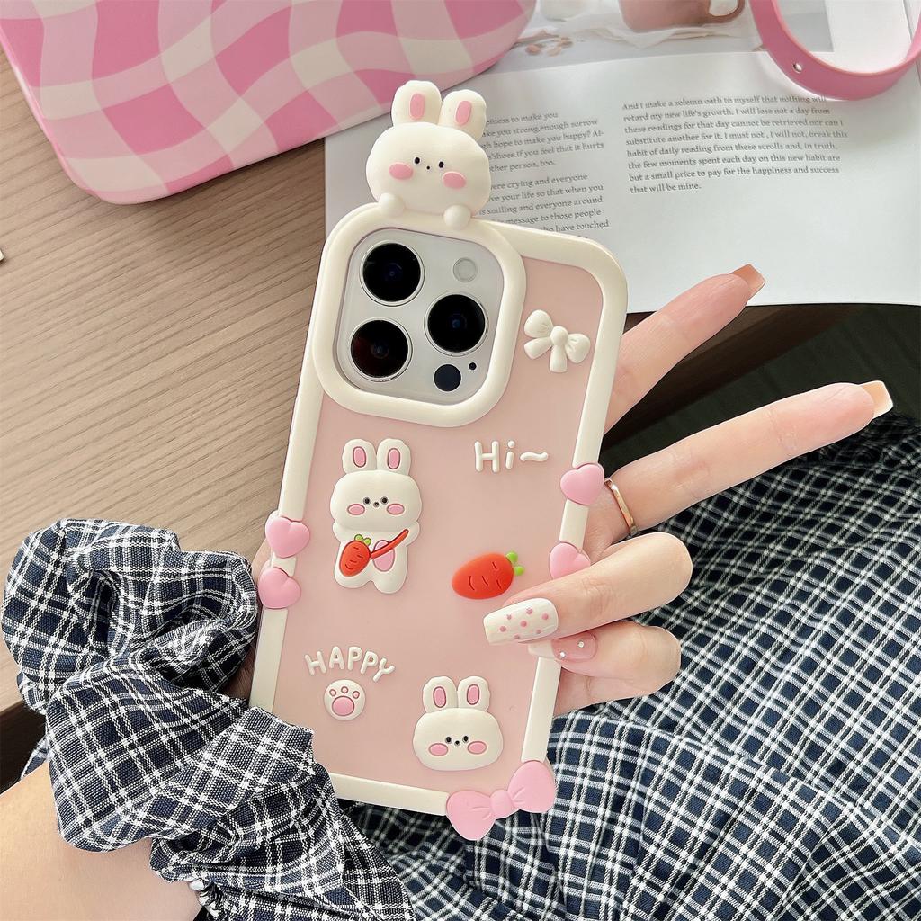 For iPhone 16 Pro Silicone Case Cute 3D Cartoon Carrot Rabbit Design Shockproof Phone Back Cover
