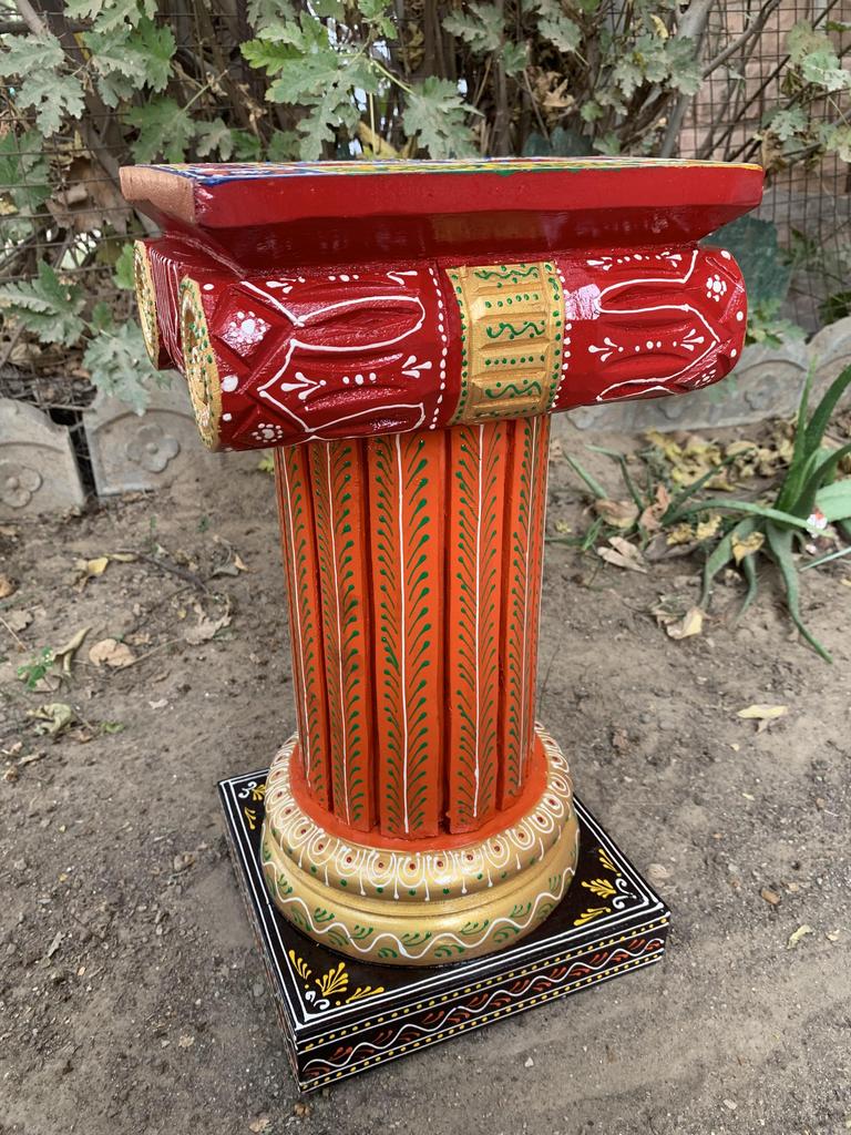 Hand Painted Wooden Chowki Pedestal Table | Indian Folk Art Statue Stand