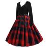 Ladies Vintage Dress V Neck Flower Edge A-line Bow Decor Big Swing Plaid Print Midi Dress Contrast Color Long Sleeve Gothic Christmas Party