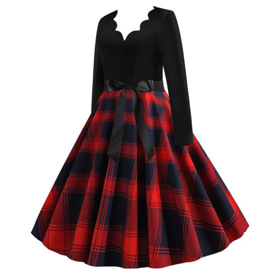 Ladies Vintage Dress V Neck Flower Edge A-line Bow Decor Big Swing Plaid Print Midi Dress Contrast Color Long Sleeve Gothic Christmas Party