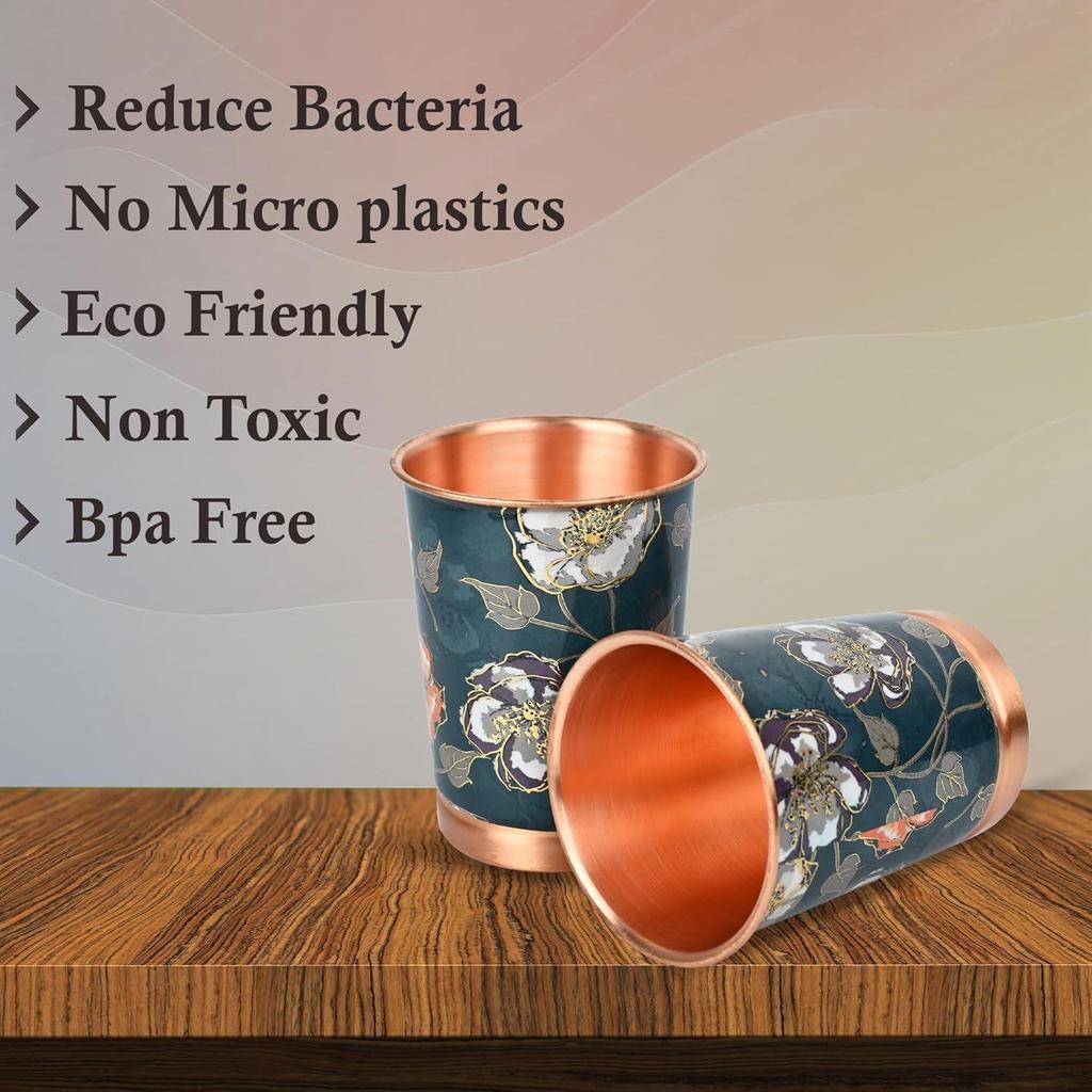 India Copper Premium Green Gold Leaf Design Set of Two Glass with Elegant Gift Box, 250 ML