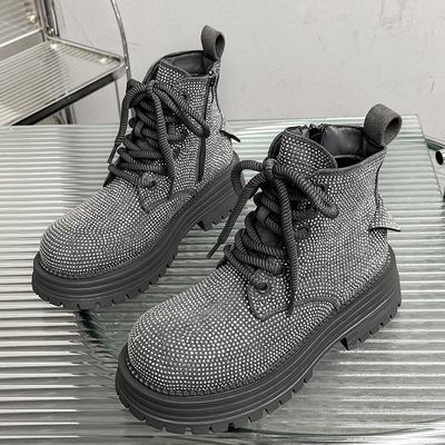 Модная женская массивная обувь Осень Новые туфли с круглым носком из замши со стразами на переднем ремешке на толстой подошве Нескользящие короткие ботинки