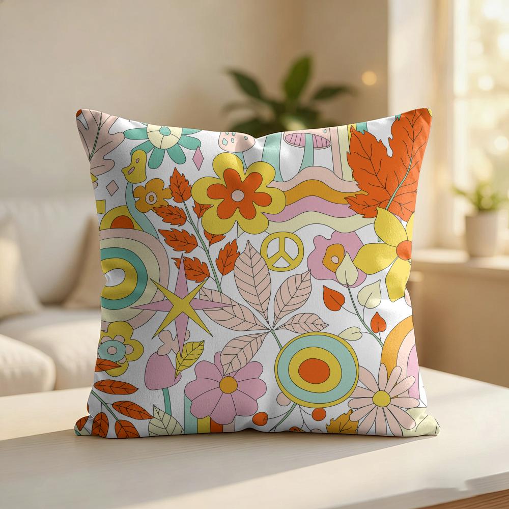 Floral Hippie Pattern Cushion Cover Silky Short Plush Invisible Zipper Dustproof Sofa Pillow Case For Home Decor