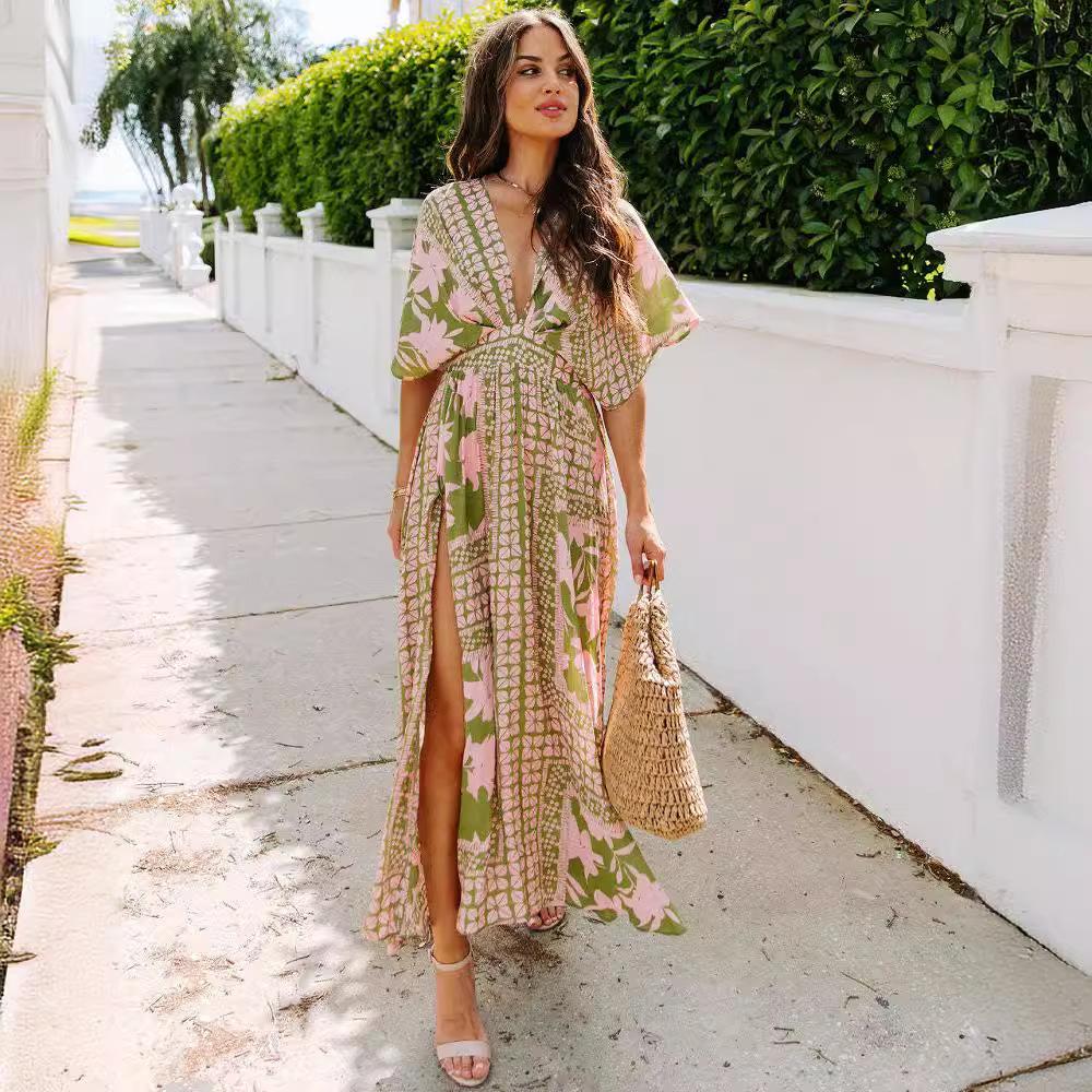 Summer women's new sexy high-waisted fashion printed split-ended dress women
