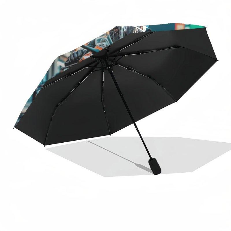 Urban Speed: Red and Black Motorcycle in Neon CityscapeUmbrella with Cute Design,Portable 3-Fold Compact Umbrella for Men&Women,Valentine's