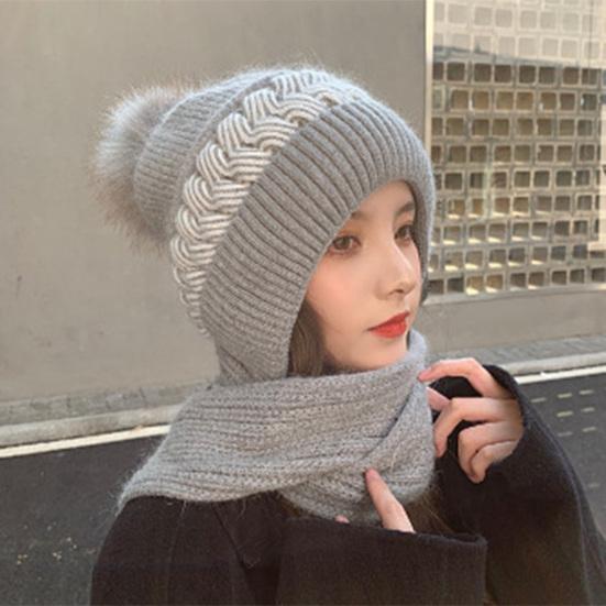 Женская зимняя шапка, вязаная толстая цветная шапка, ветрозащитная, теплая, мягкая, защита ушей, плюшевый декор, эластичная противоскользящая шапка, шарф, комбинированная женская шапка