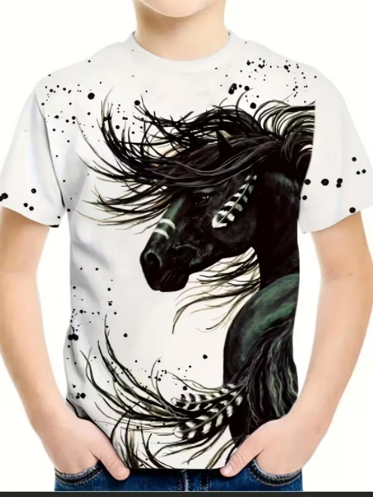 Children's clothing, boys' T-shirts, 3D horse print, short sleeves, fashionable children's summer clothing, casual children's clothing for girls.