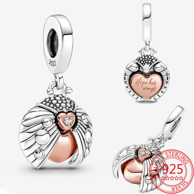 Real New Rose Gold Heart Padlock Double Charm Fit Fashion Snake Bracelet 925 Sterling Silver Charms Jewelry Girls Gift Making