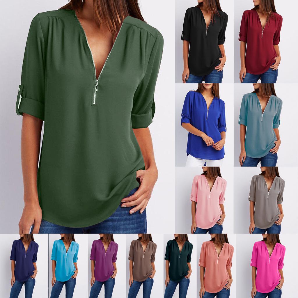 Shirt V-neck Zipper Plus Size Women's Long Sleeved Loose Chiffon Shirt with Adjustable Sleeves