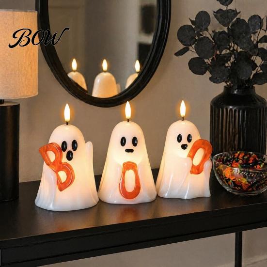 Porch Patio Ambient Illumination Halloween Ghost Flameless Candle, Cute Holding BOO Letter Tealight, Wireless Flickering Candle Lamps Battery Operated
