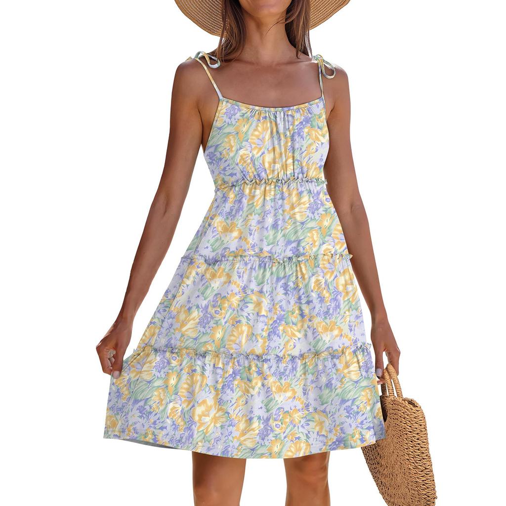 Женское летнее повседневное платье без рукавов на тонких бретельках в стиле бохо с многоярусными оборками, струящееся короткое пляжное платье-сарафан