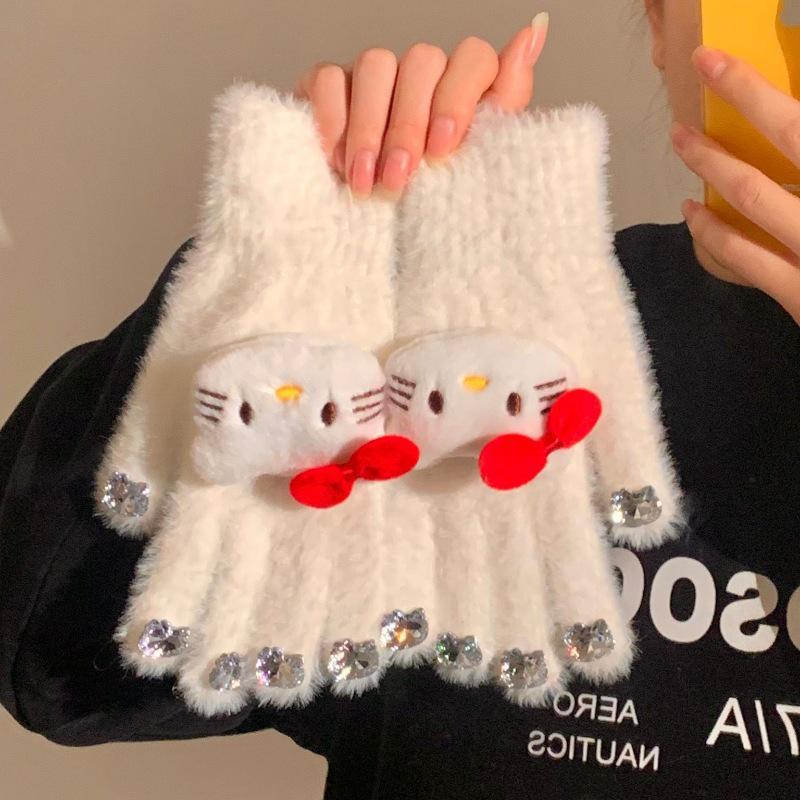 Перчатки с плюшевыми бриллиантами для кошек: Теплые перчатки с раздельными пальцами на осень/зиму для студентов и любителей верховой езды.