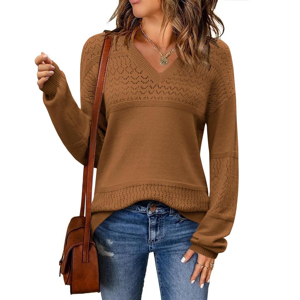 Women's Loose Knitted Sweater With V-Neck Hollowed Out Pullover Long Sleeved Solid Color Top