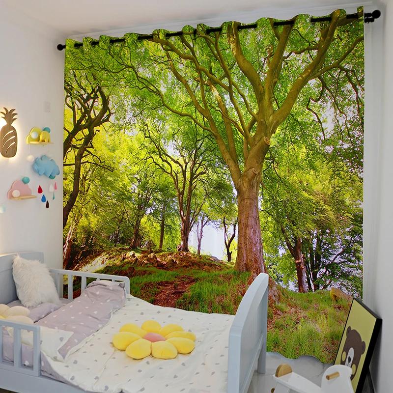 Северный пейзаж Лес Зеленый Желтый лес Отель Спальня Гостиная Кабинет Окно Шторы Ткани Высокое затенение Новый