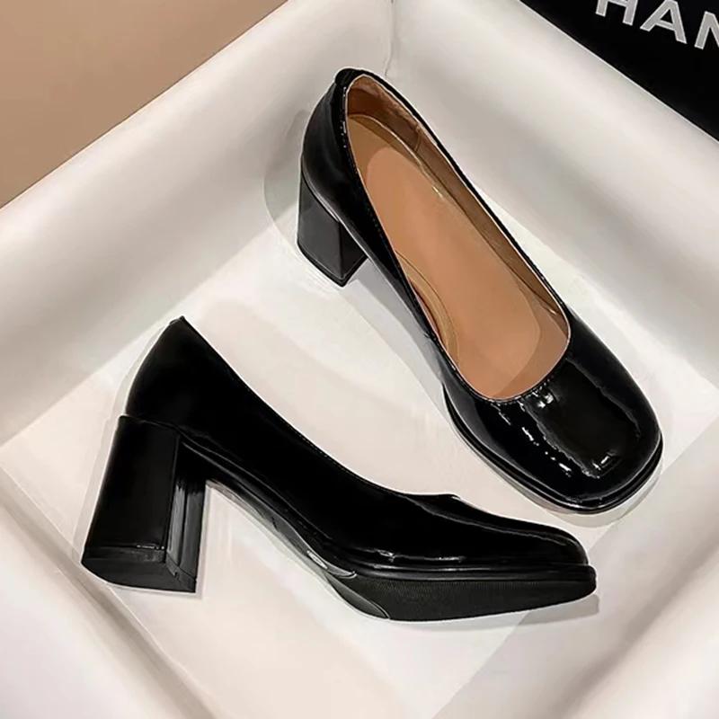 Туфли-лодочки женские из лакированной кожи 2025 Elegan Office Black High Heels Shoes Woman Shallow Mouth Square Toe Pumps Female Heels