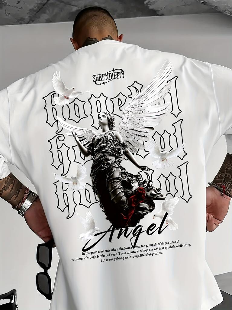 Men's Black Graphic T-Shirt with Angel Dove Print Gothic Lettering Inspirational Text  Loose Fit Casual Short Sleeve