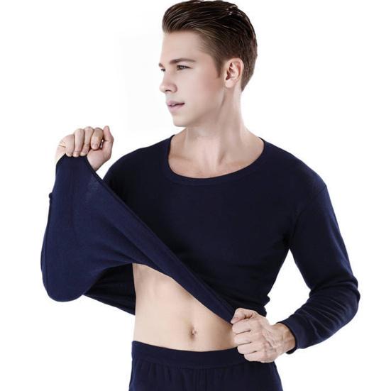 2Pcs/Set Men Warm Suit O-Neck Long Sleeve Tops Elastic Waist Long Pants Set Solid Color Plush Lining Pajamas Set