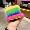 For iPhone 17 Pro Rainbow Fluffy Phone Case Winter Warm Hand Strap TPU Cover