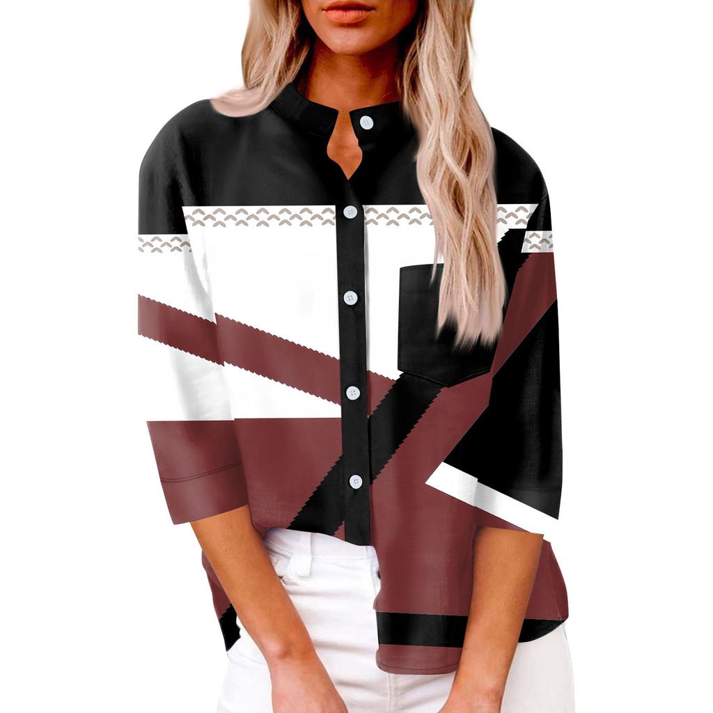 Women's Fashion Casual Shirt Button Loose Seven Sleeve Striped Patchwork Printed Top