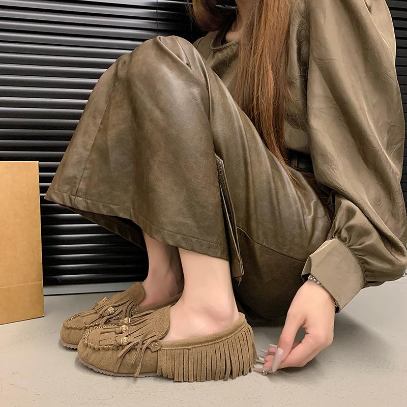 2024 Summer All-match Flat Bean Shoes Slip-on Lazy Women's Shoes Soft Soles Shallow Mouth Retro Tassel Women's Shoes