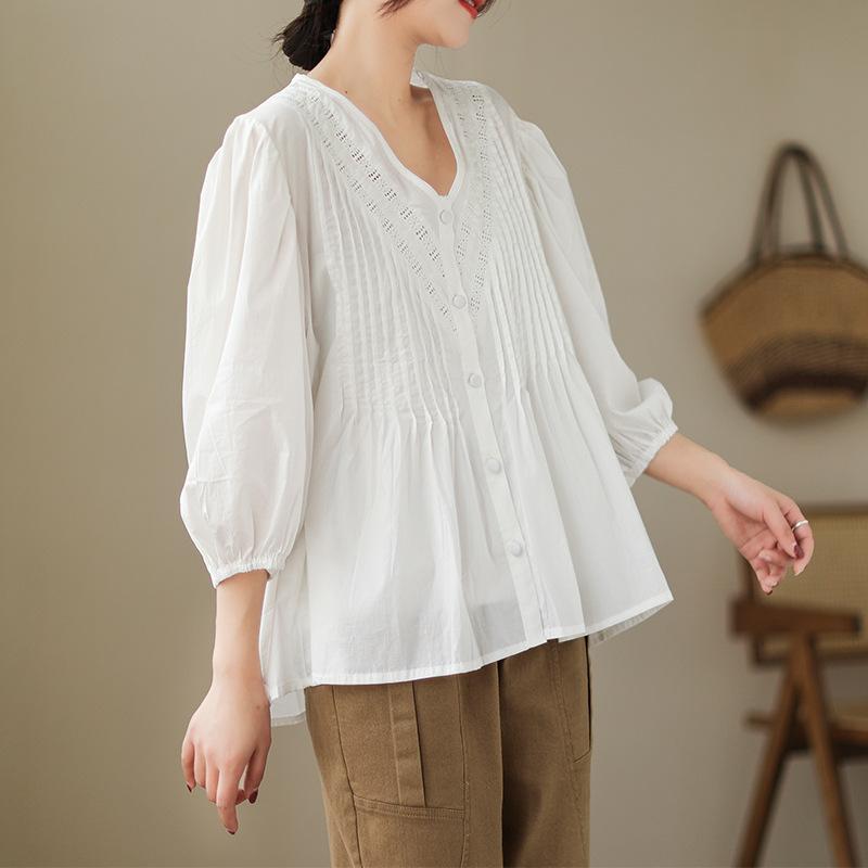 Spring Autumn Cotton Organ Shirt Women's V-neck Lantern Sleeve Lace Splicing Top Loose Solid Color Shirt Blouses & Shirts