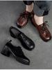 Retro Women Shoes Med Heels Solid Color Pumps Genuine Leather Round Toe Handmade Lace-up Shoes