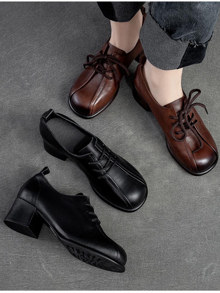 Retro Women Shoes Med Heels Solid Color Pumps Genuine Leather Round Toe Handmade Lace-up Shoes