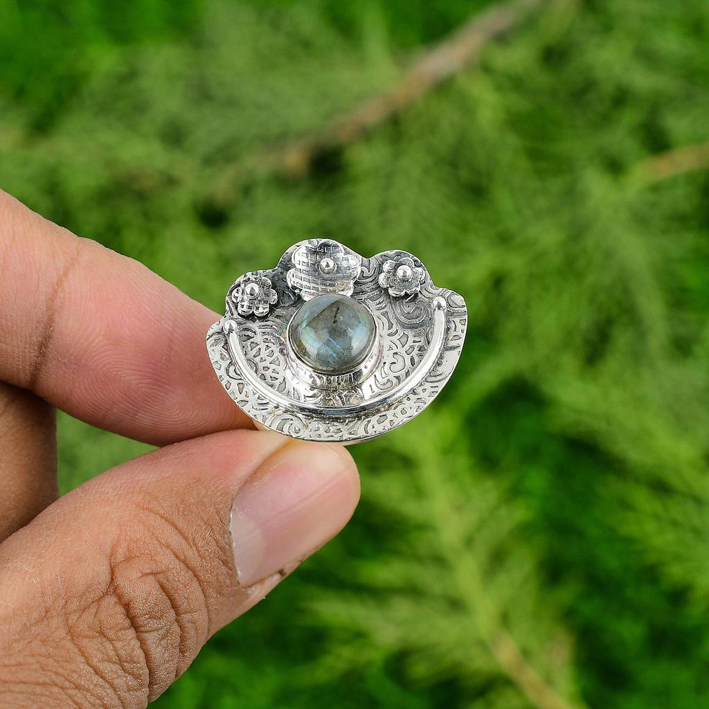 Gift For Her 925 Silver Natural Labradorite Promise Flower Adjustable Ring