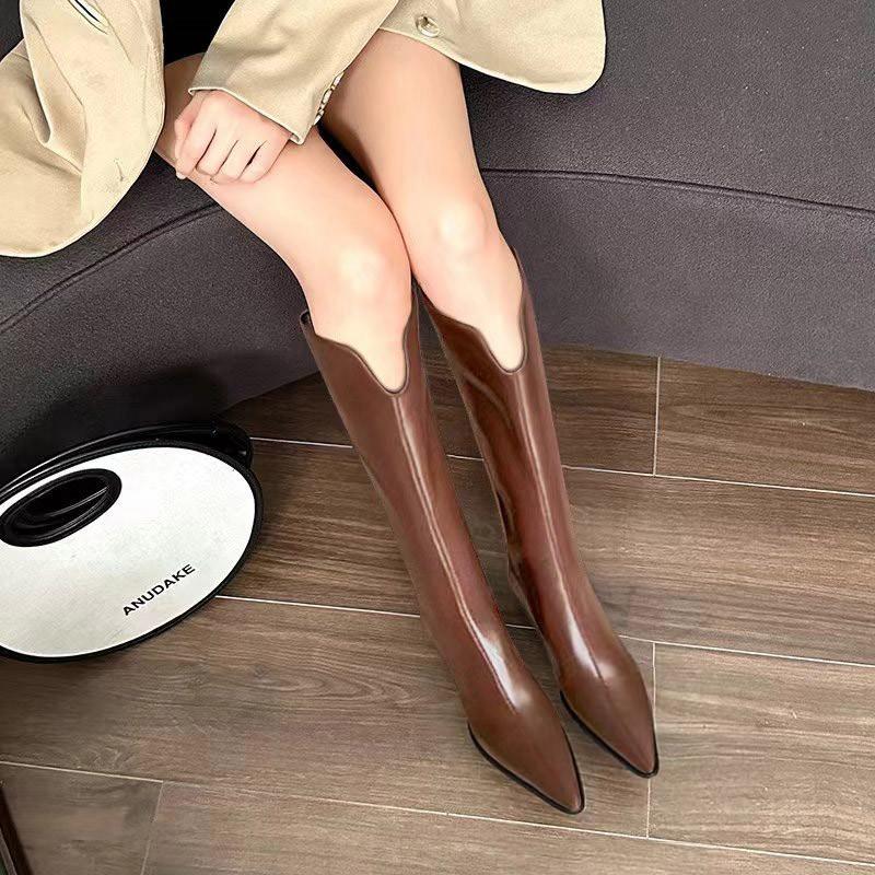 Уличный стиль, дизайнерские женские сапоги до колена, модные, с острым носком, длинные, с квадратным каблуком, обувь на осень-зиму