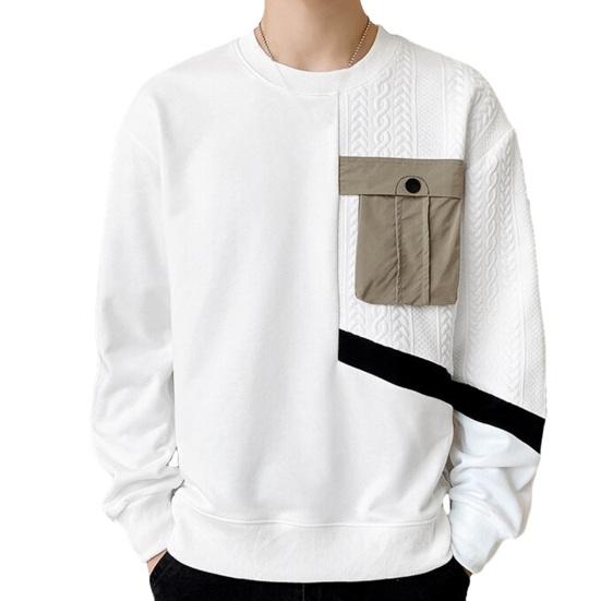 Осень-весна Мужская толстовка с круглым вырезом Аппликация Карман в стиле пэчворк Сплошной цвет с длинным рукавом Свободный пуловер Мягкий дышащий средней длины Мужской повседневный топ