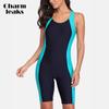Women‘s One Piece Sports Swimwear Pro Sports Swimsuit Boyleg Beach Wear Colorblock