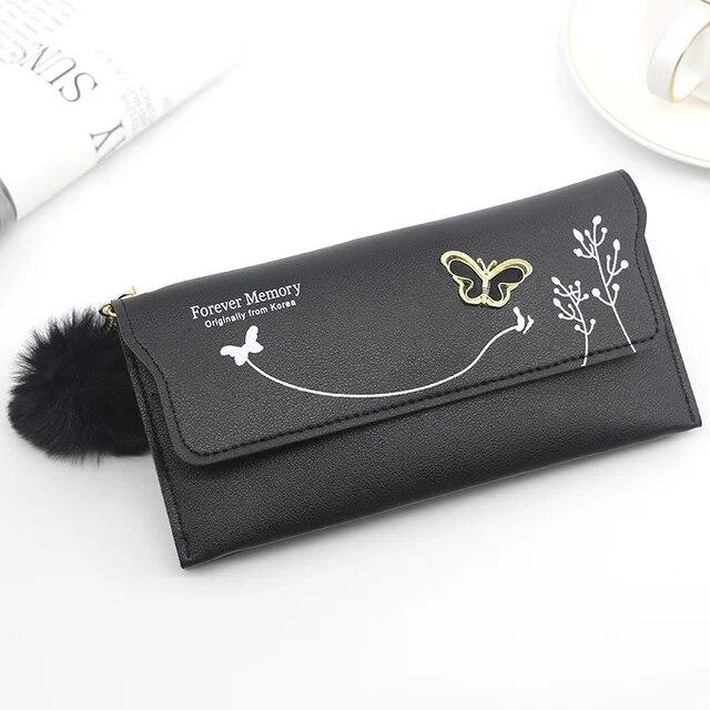Butterfly Designer Women Long Wallets PU Leather Money Bag Solid Wool Ball Bow Clutch Bag Large Capacity Card Bag Coin Purse