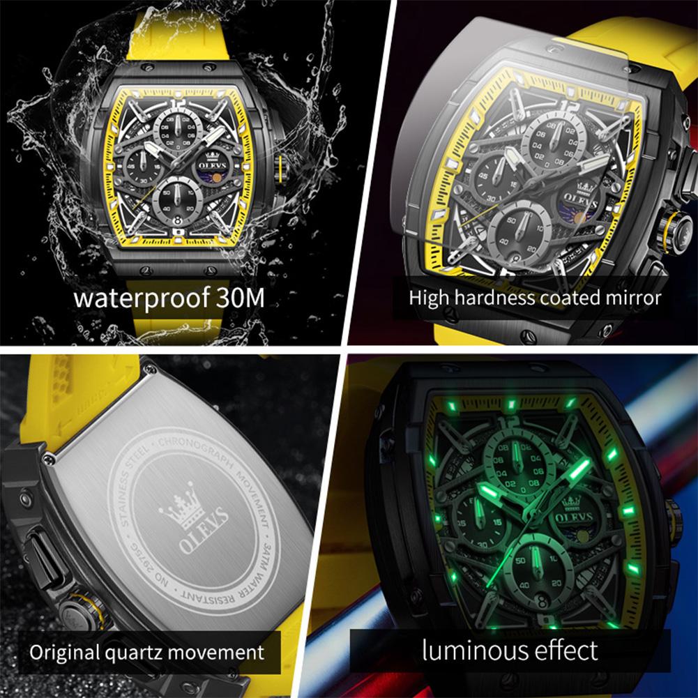 Men's Watches Hollowed Quartz Wristwatch Silicone Strap Tonneau Large Dial Design Waterproof Luminous Watch