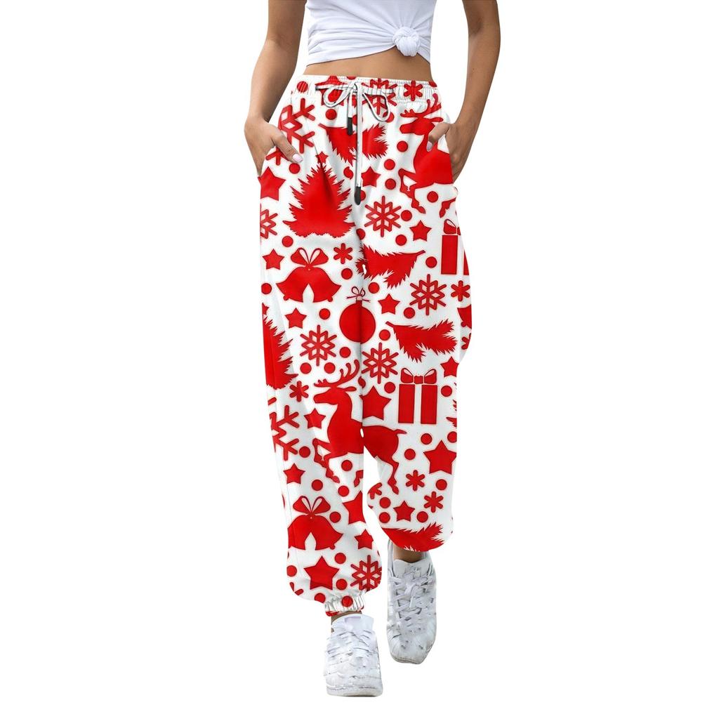 Женские повседневные модные рождественские принтованные повседневные брюки спортивные брюки длинные брюки брюки с эластичной резинкой на талии