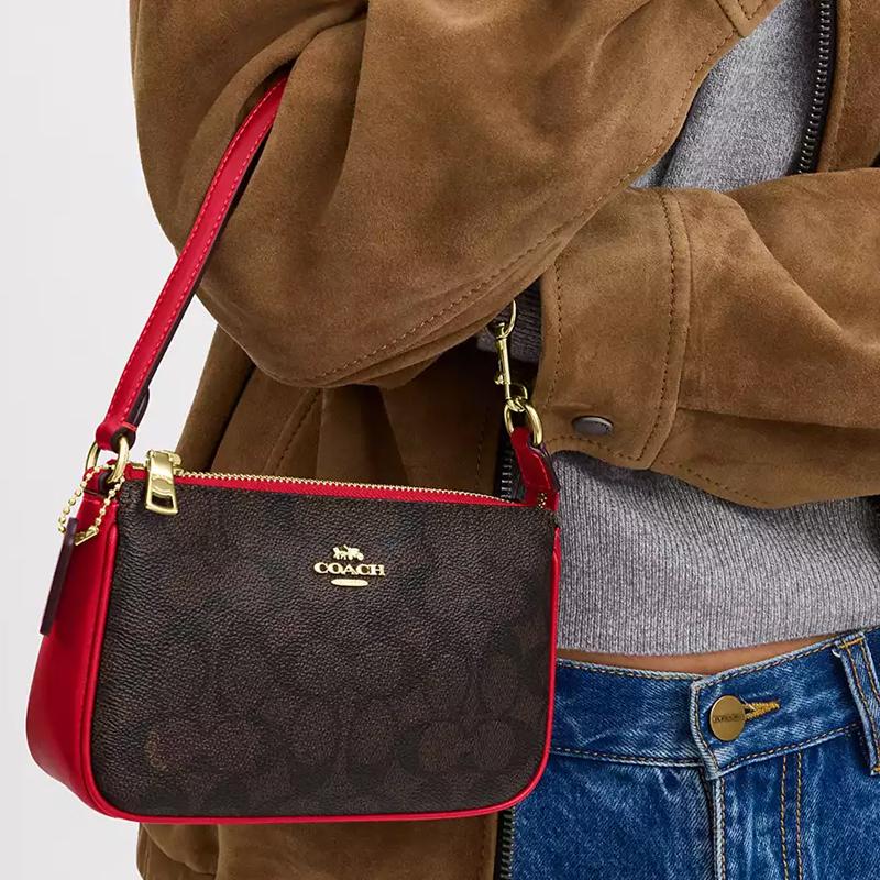 Coach Nolita 19 Сумка-тоут на плечо с принтом-монограммой, застежкой-молнией, из ПВХ-кожи, маленькая женская сумка, темно-коричневый, красный CY039-IMXD0