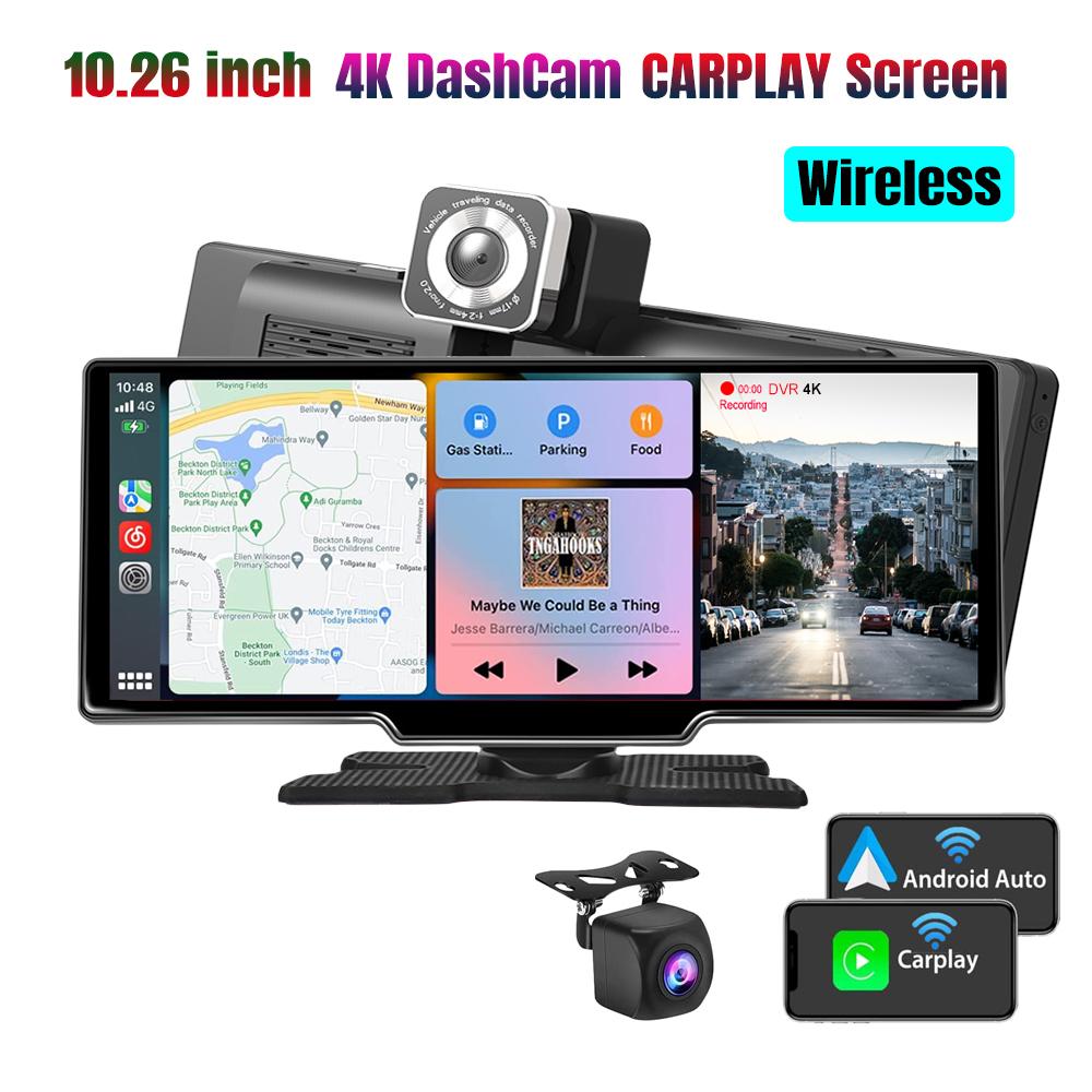 10,26-дюймовый видеорегистратор DVR Car Carplay android auto беспроводной видеорегистратор с двумя объективами BT FM AUX 64G OBD мониторинг парковки