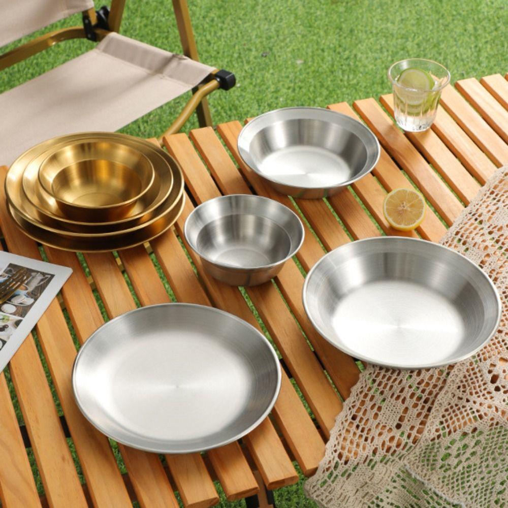 4PCS/SET Stainless Steel Outdoor Dining Plate Bowl Straw Hat Design Dessert Plate Easy To Clean