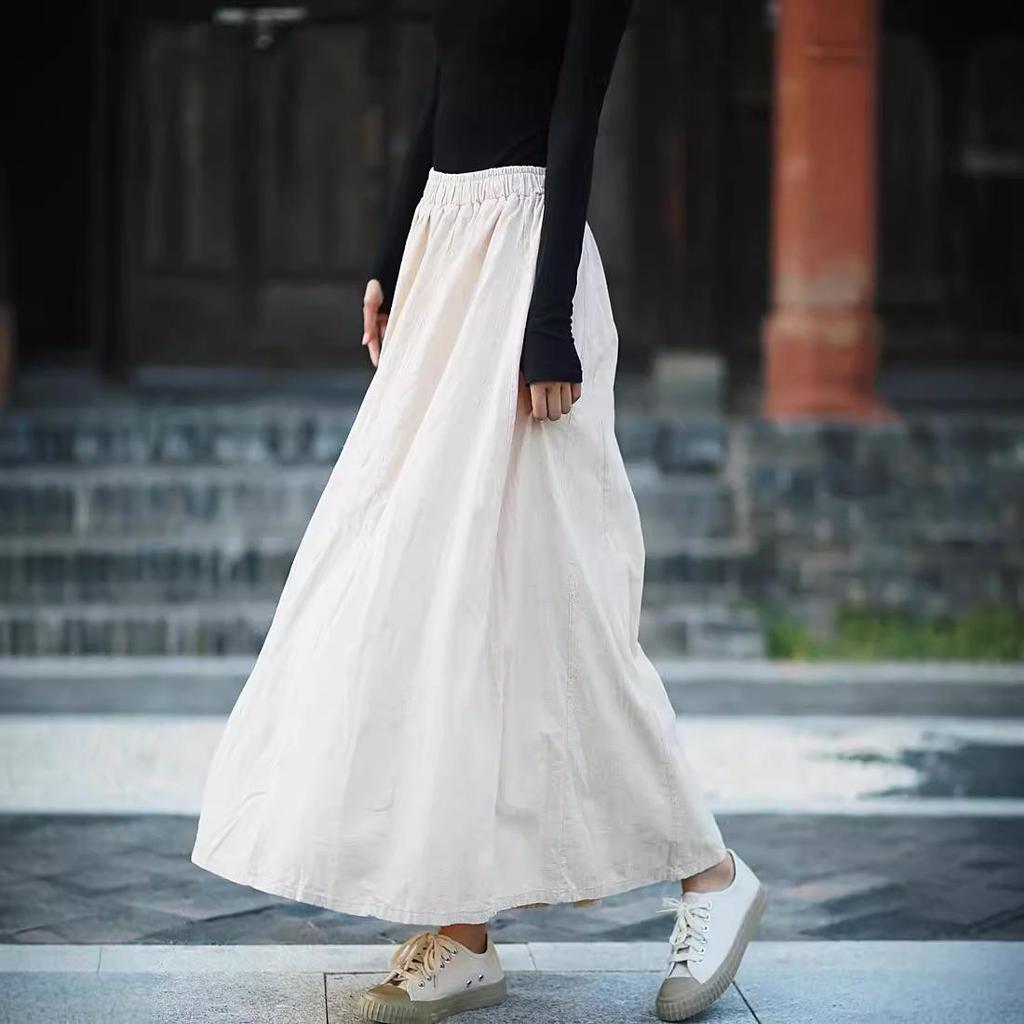 Retro Literary Burnout Cotton Linen Elastic Waist Midi Skirt - Autumn/Winter
