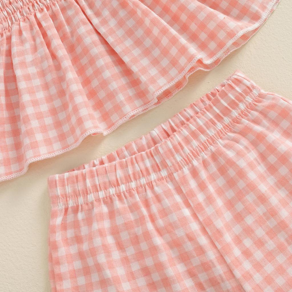 Toddler Girl Summer Outfit Plaid Tie-Up Spaghetti Strap Ruched Sleeveless Tank Tops and Loose Pants 2Pcs Clothes Set