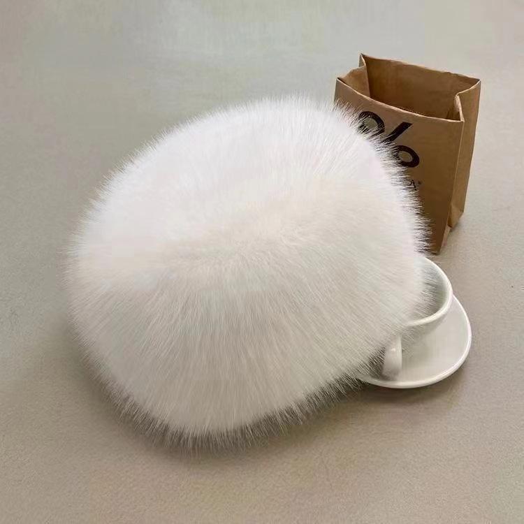 Imitation Fur Faux Fox Fur Flat Top Hat Plush Bucket Hat Thick Warm Double-ear Dome Fairy Hat