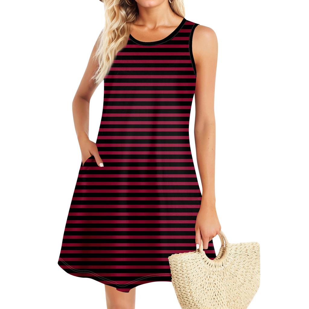 Летние платья для женщин Пляжный Бохо без рукавов Винтажный принт Футболка с карманами Сарафаны-майки