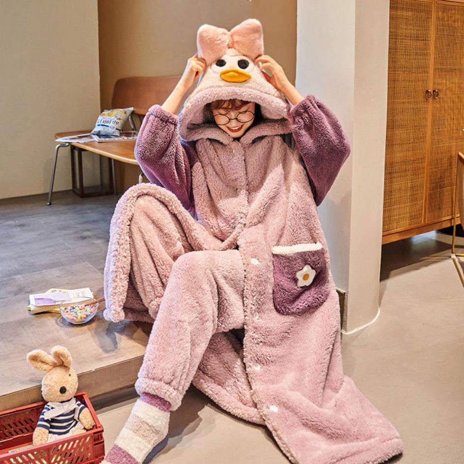 Coral Velvet Nightgown Women's Autumn and Winter Long Thickened Plush Home Clothes Lovely Flannel Pajamas Women's Two-piece Suit