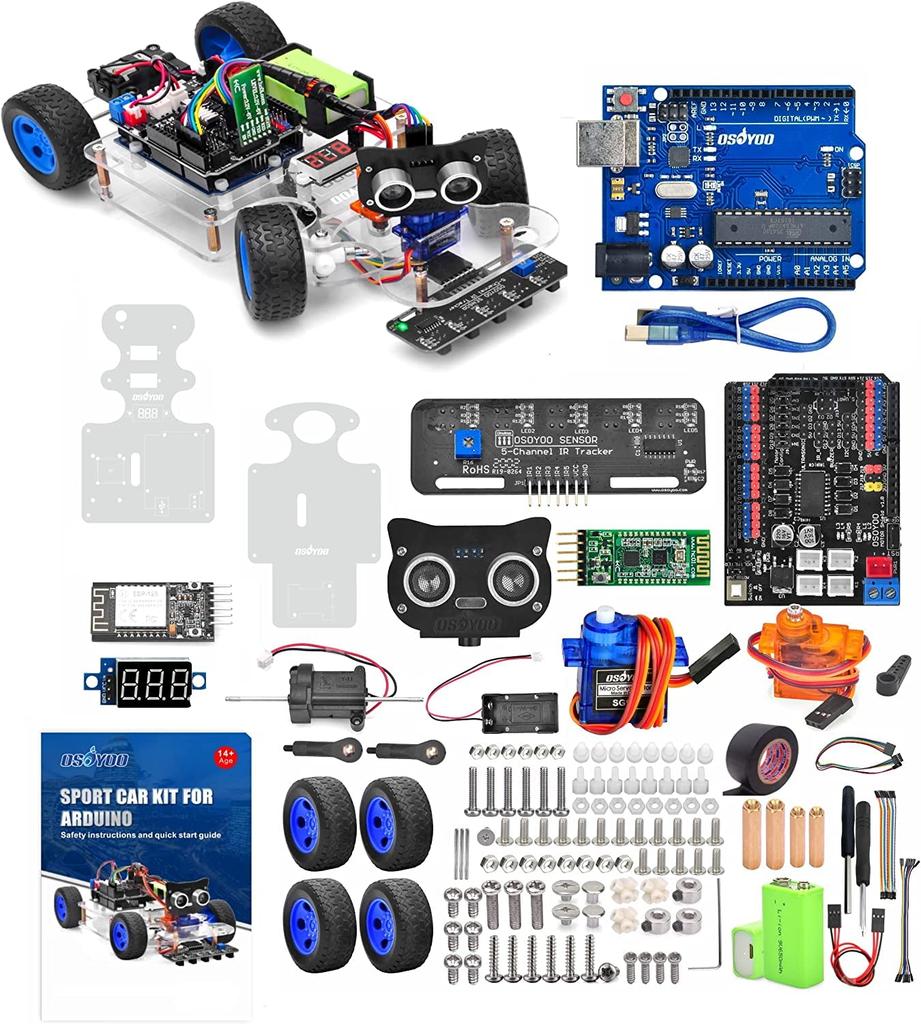 OSOYOO Arduino UNO Robot Car Smart Car Kit with Servo Steering Rack, DIY Kit, Bluetooth, Wi-Fi, IOT, Autodrive, C++, and Computer Programming