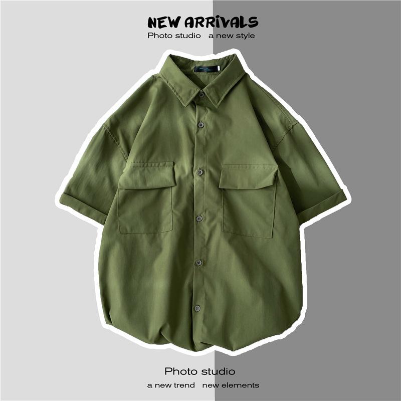 Мужская повседневная рубашка в гонконгском стиле с коротким рукавом и двойными карманами