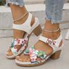 2025 Cross Strap Coarse Heel Roman Sandals Summer Flowers Large Size European and American Velcro Open-toed Midheel Sandals